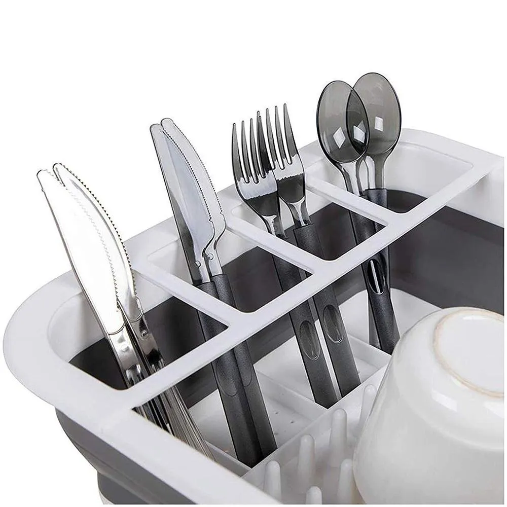 0629 Collapsible Folding Silicone Dish Drying Drainer Rack with Spoon Fork Knife Storage Holder (Brown Box)