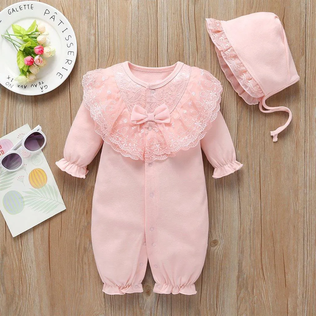 2-Piece Long-Sleeve Bow Decor Lace Jumpsuit and Hat Wholesale children's clothing