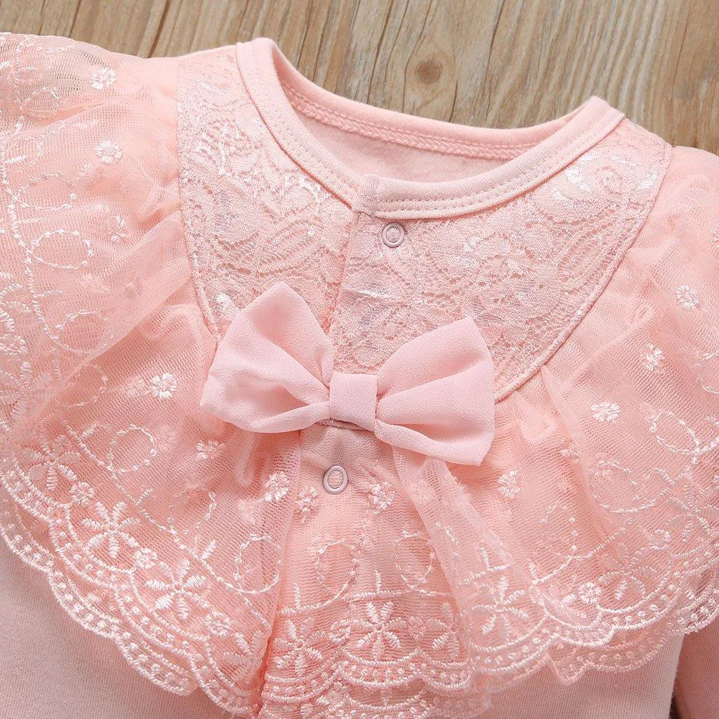 2-Piece Long-Sleeve Bow Decor Lace Jumpsuit and Hat Wholesale children's clothing