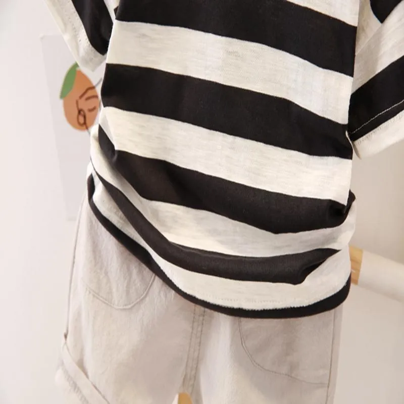 2-piece Solid Strip Short-sleeve Top and Shorts for Children