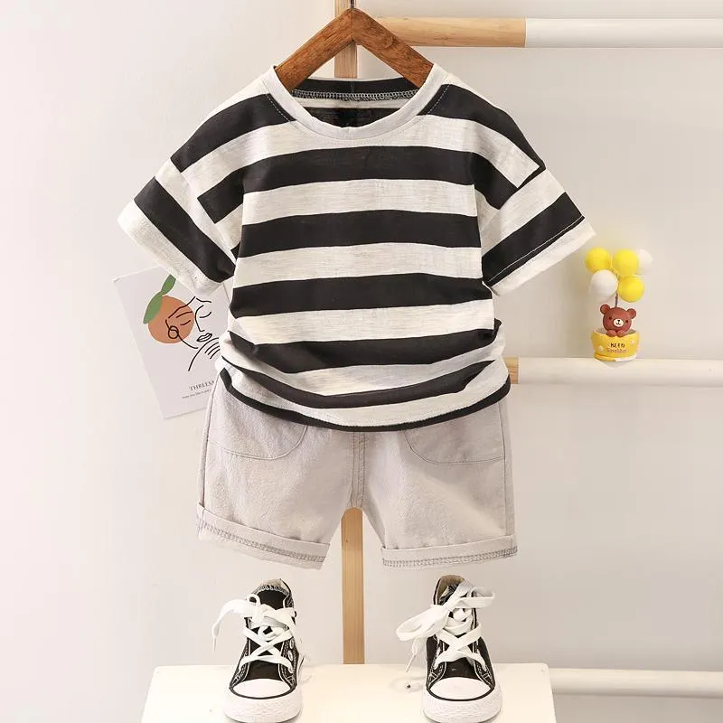 2-piece Solid Strip Short-sleeve Top and Shorts for Children