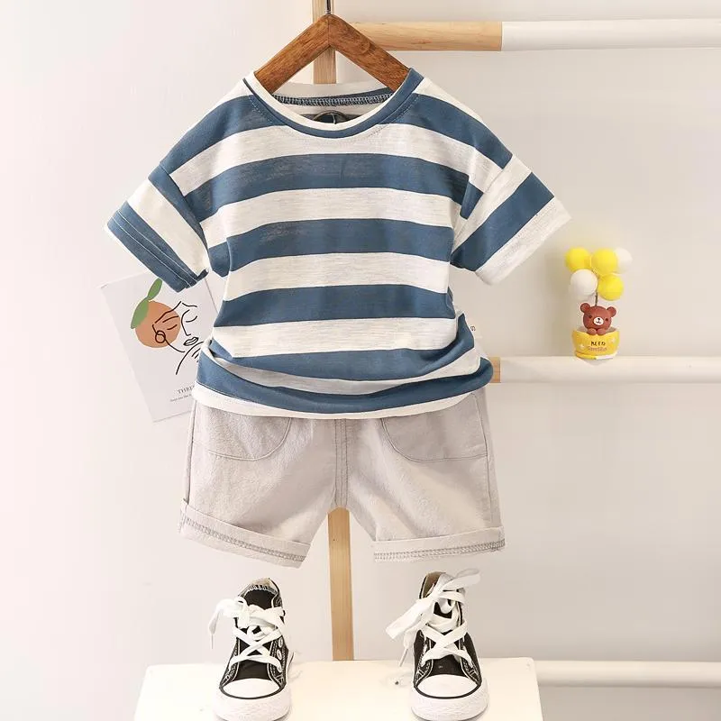 2-piece Solid Strip Short-sleeve Top and Shorts for Children