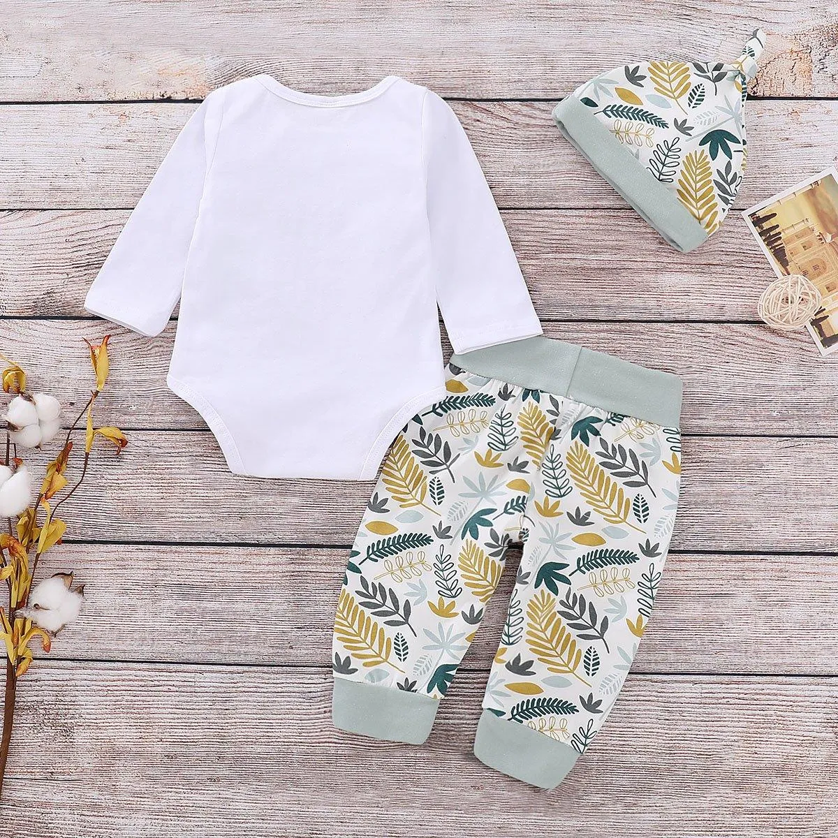 3-Piece Long-Sleeve Letter Print Bodysuit, Floral Pants and Hat Wholesale children's clothing