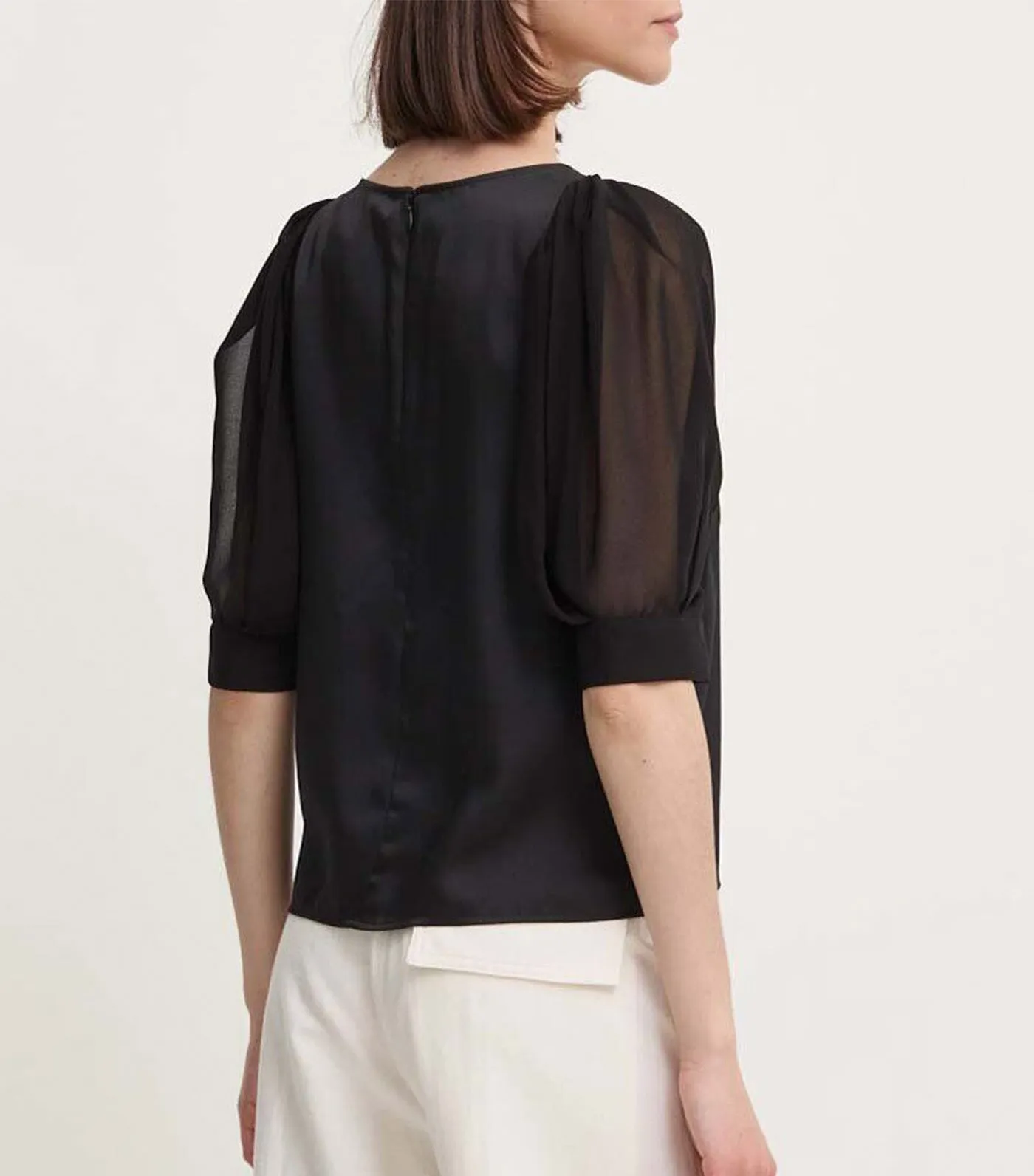 3/4 Sleeve Mix Media Blouse Black