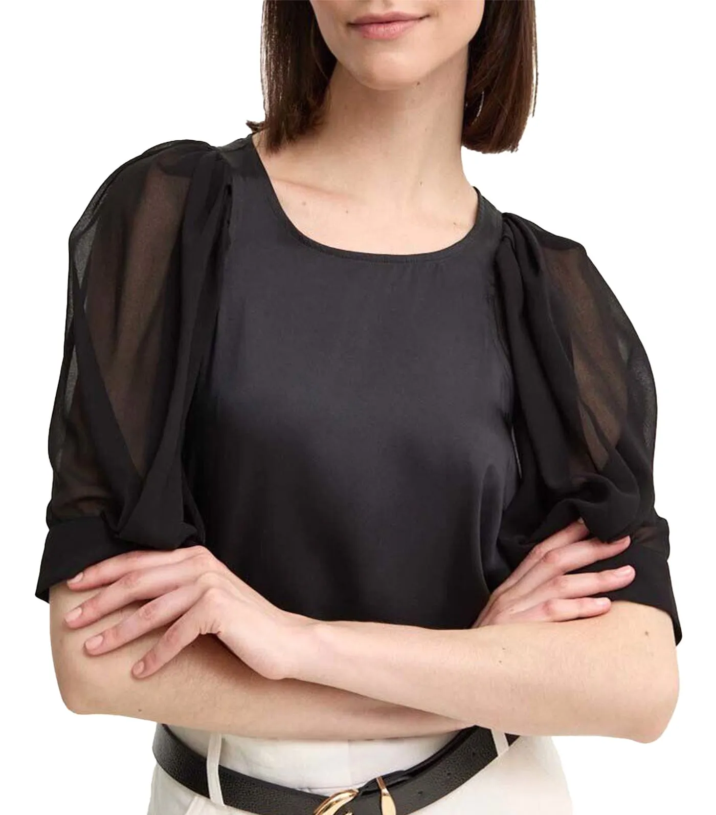 3/4 Sleeve Mix Media Blouse Black