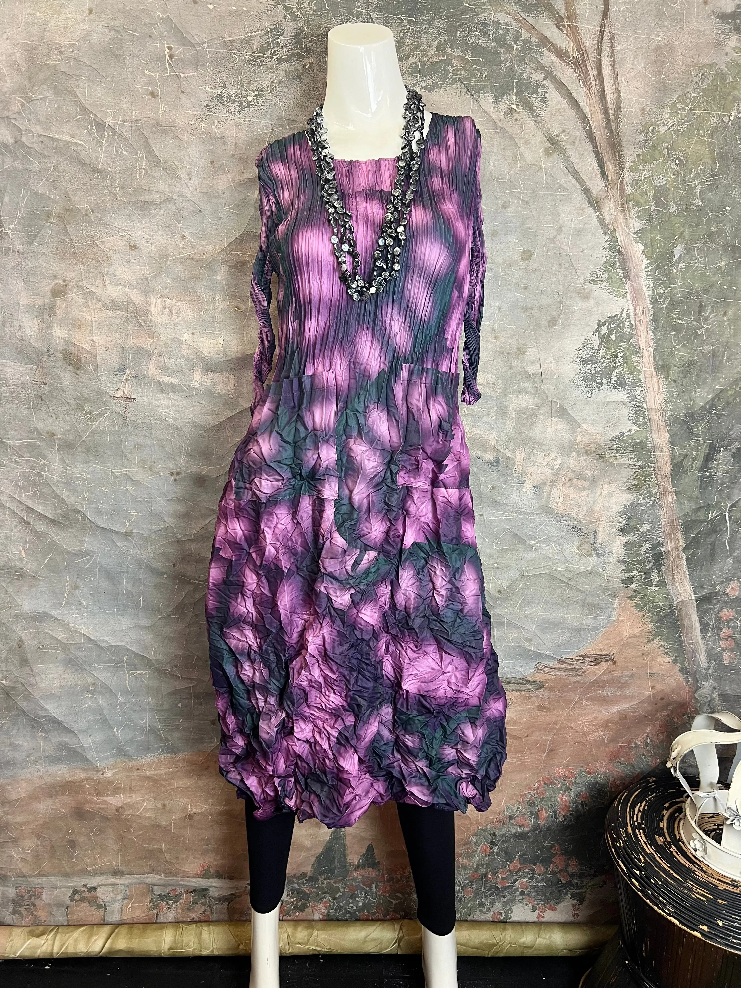 ACD544 3/4 Slv Smash Dress-Purple Leaf