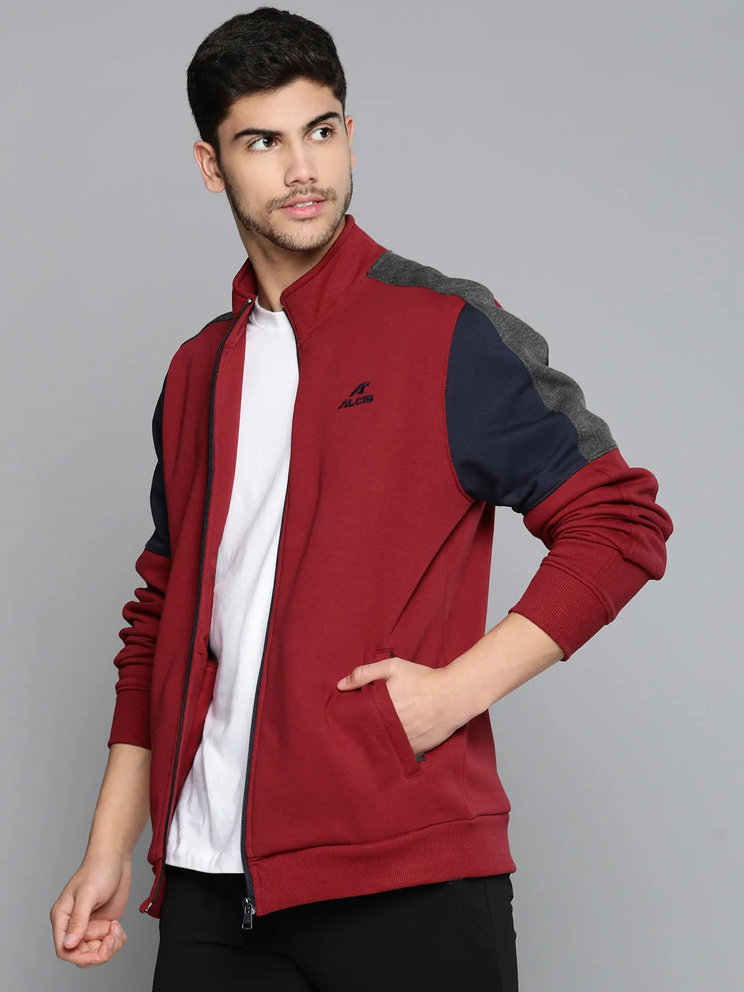 Alcis Men Red Navy Blue Colourblocked Running Sporty Jacket