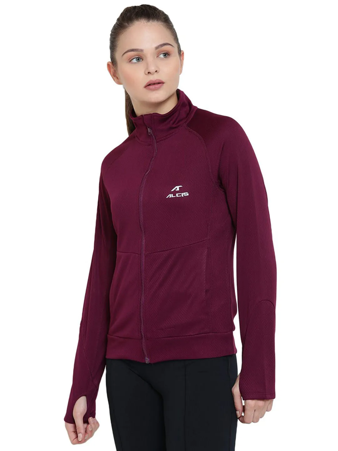 Alcis Women Maroon Solid Sporty Jacket 346WJK331