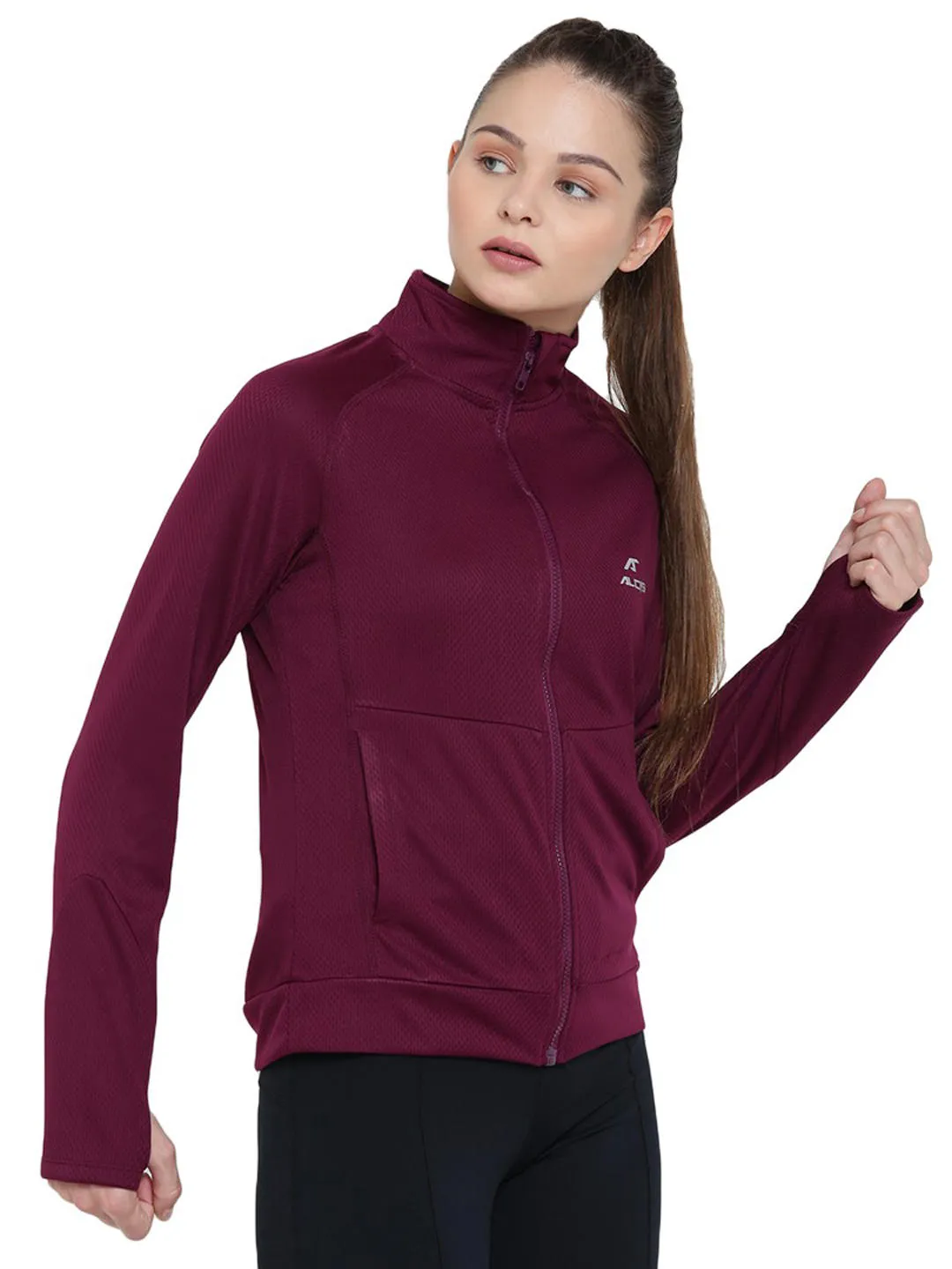 Alcis Women Maroon Solid Sporty Jacket 346WJK331