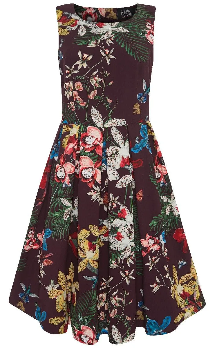 Annie Retro Botanical Swing Dress - Burgundy