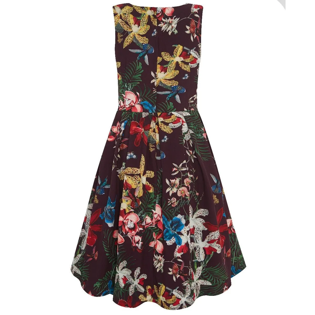 Annie Retro Botanical Swing Dress - Burgundy