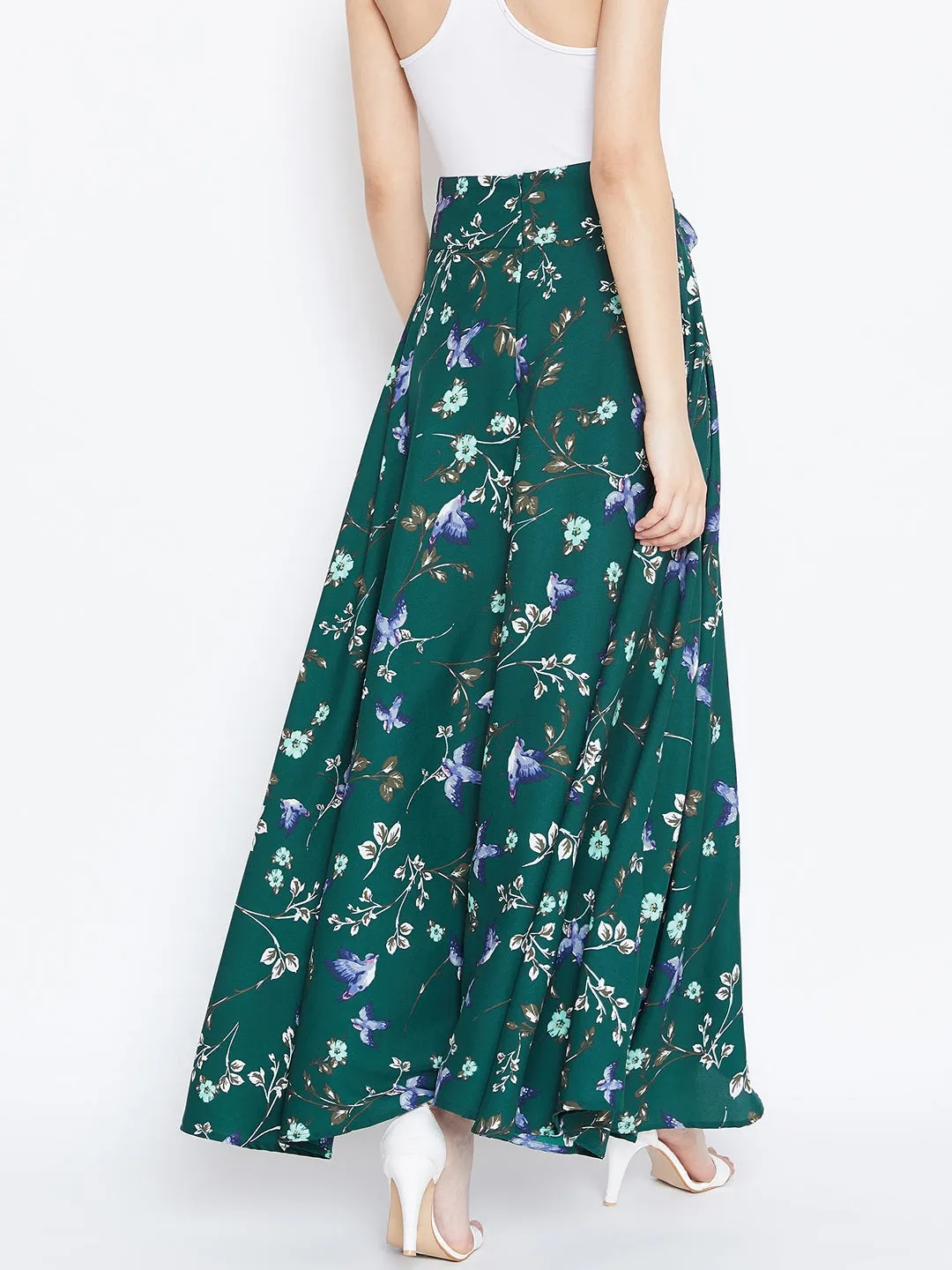 Berrylush Women Green Floral Print Bow Tie Waist Flared Floor Length Skirt