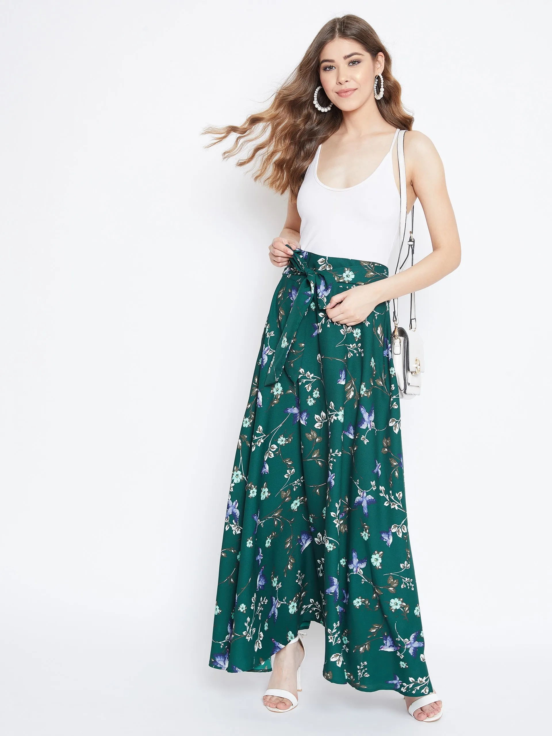 Berrylush Women Green Floral Print Bow Tie Waist Flared Floor Length Skirt