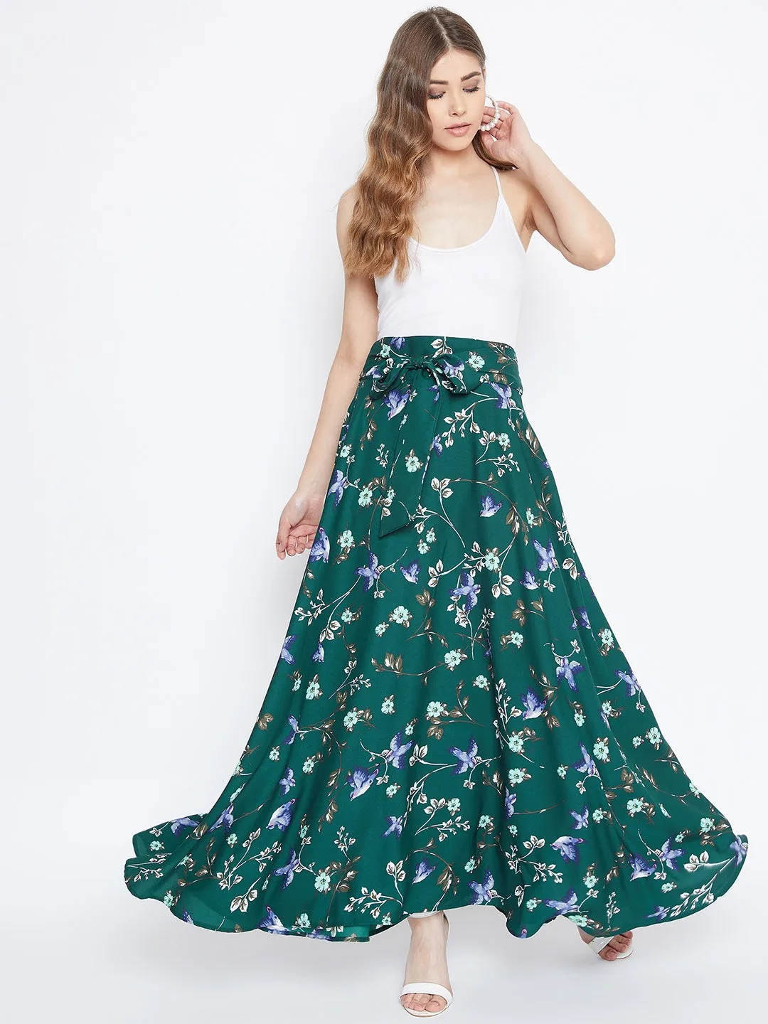 Berrylush Women Green Floral Print Bow Tie Waist Flared Floor Length Skirt