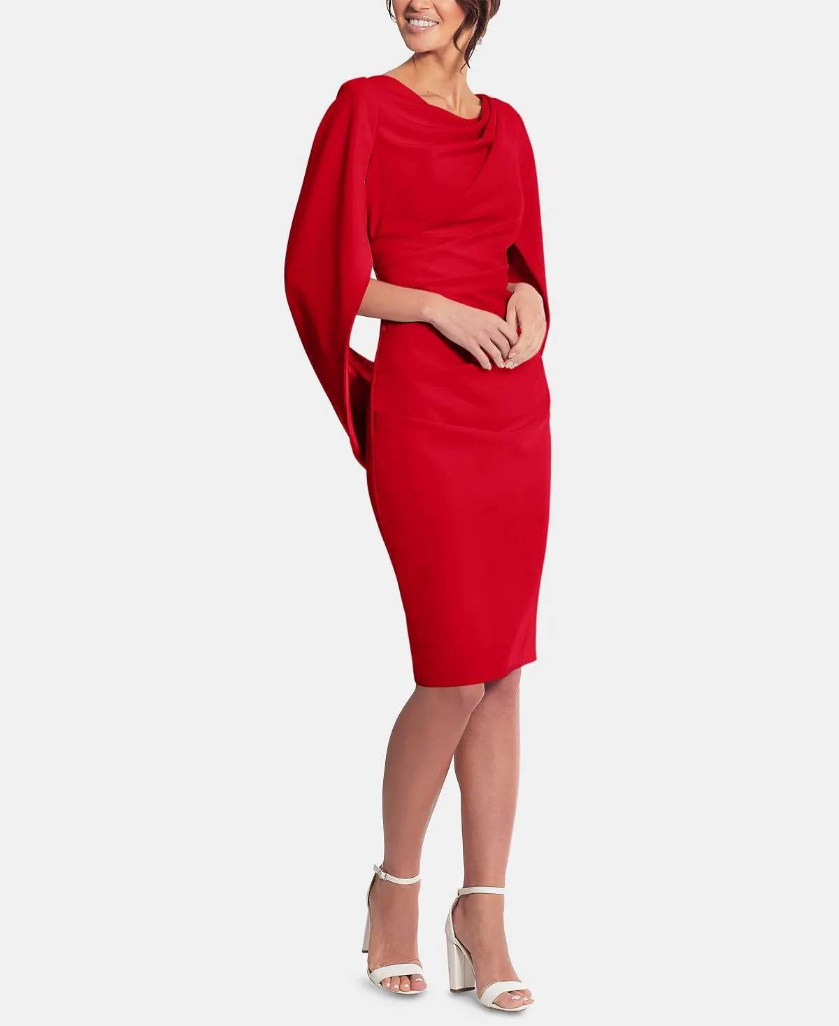 Betsy & Adam Sheath Dress with Cape, Red