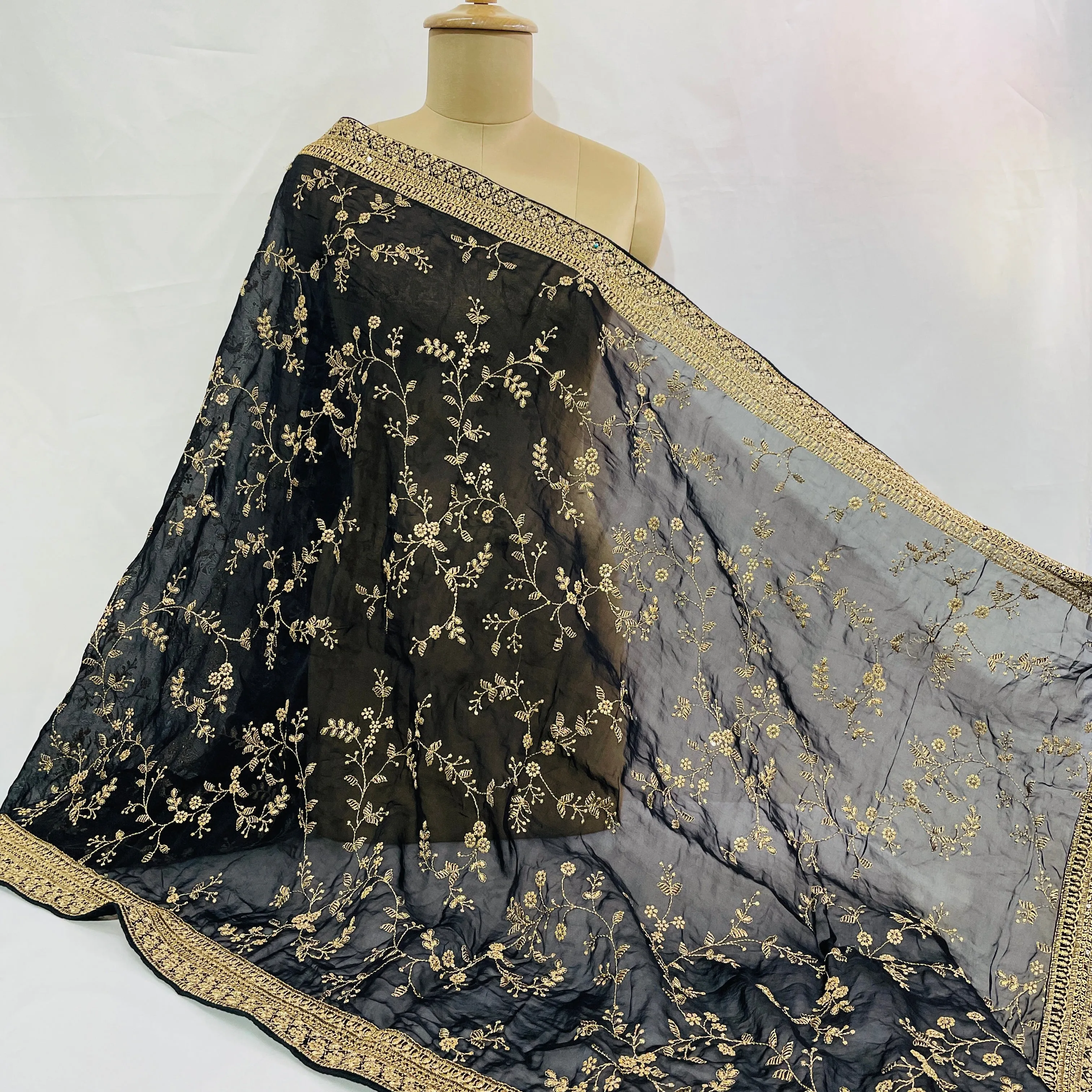 Black Golden Floral Embroidery Dupatta