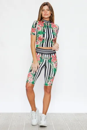 Black Tropical Striped Top And Biker Short Matching Set Print