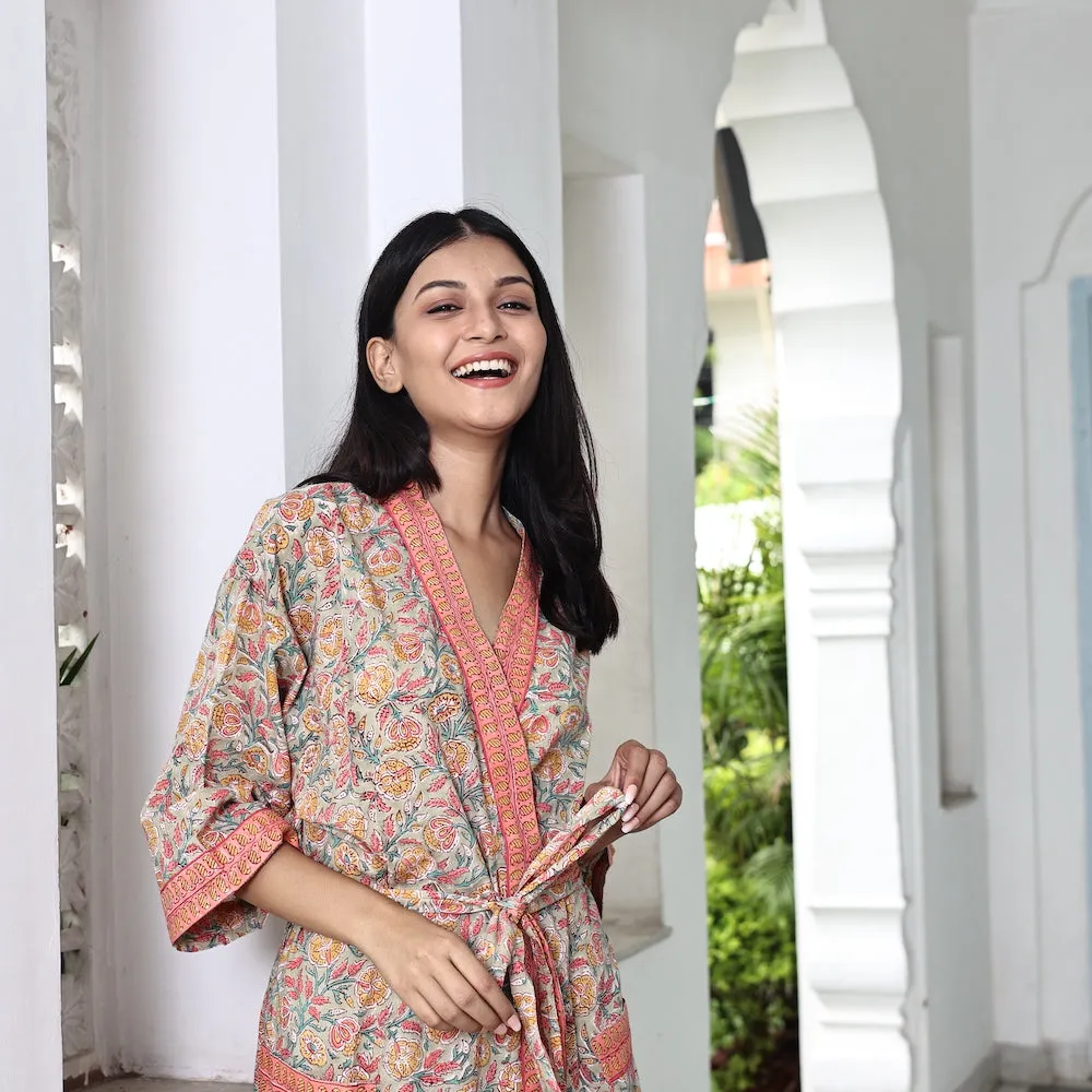 Block Printed Robe and Matching Bag in Ecru