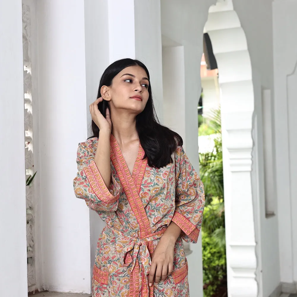 Block Printed Robe and Matching Bag in Ecru