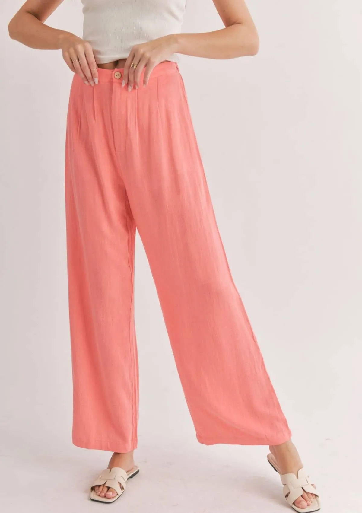 Botanical Linen Back Elastic Trousers - Coral