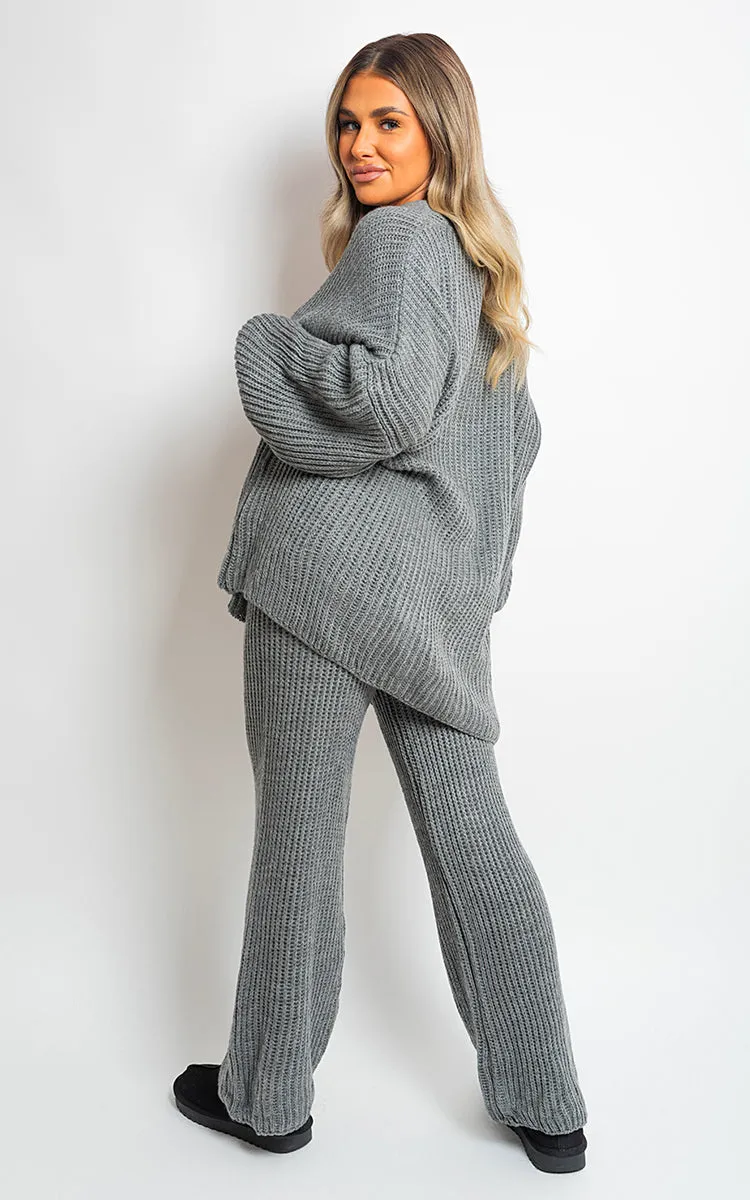 Chunky Knitted Button Up Cardigan Wide Leg Trousers Co-ord Set