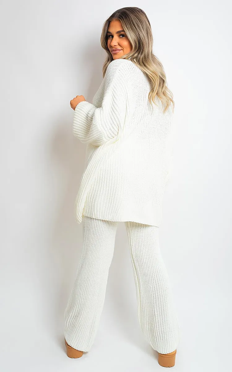 Chunky Knitted Button Up Cardigan Wide Leg Trousers Co-ord Set