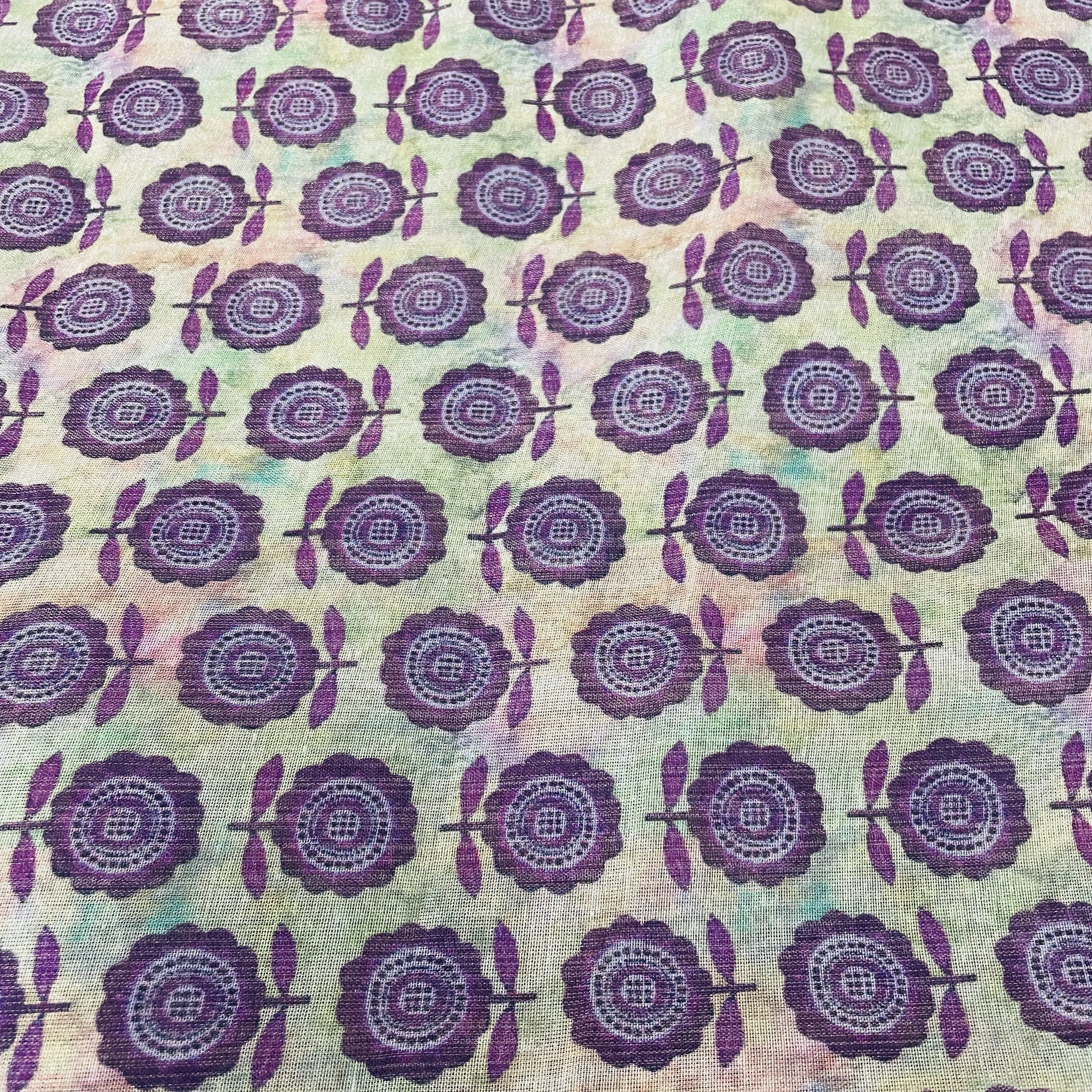 Classic Purple Floral Print Satin Organza Fabric