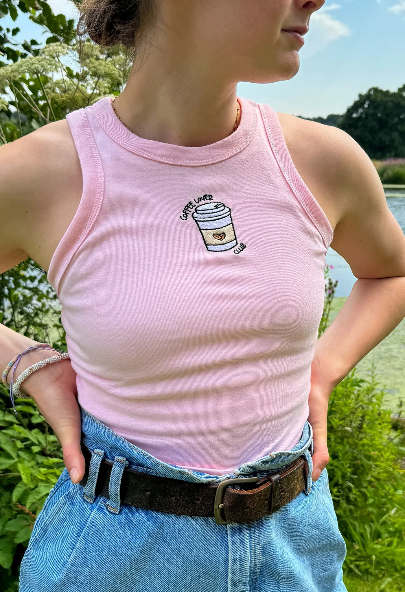 Coffee Lover Embroidered Micro Rib Racer Vest