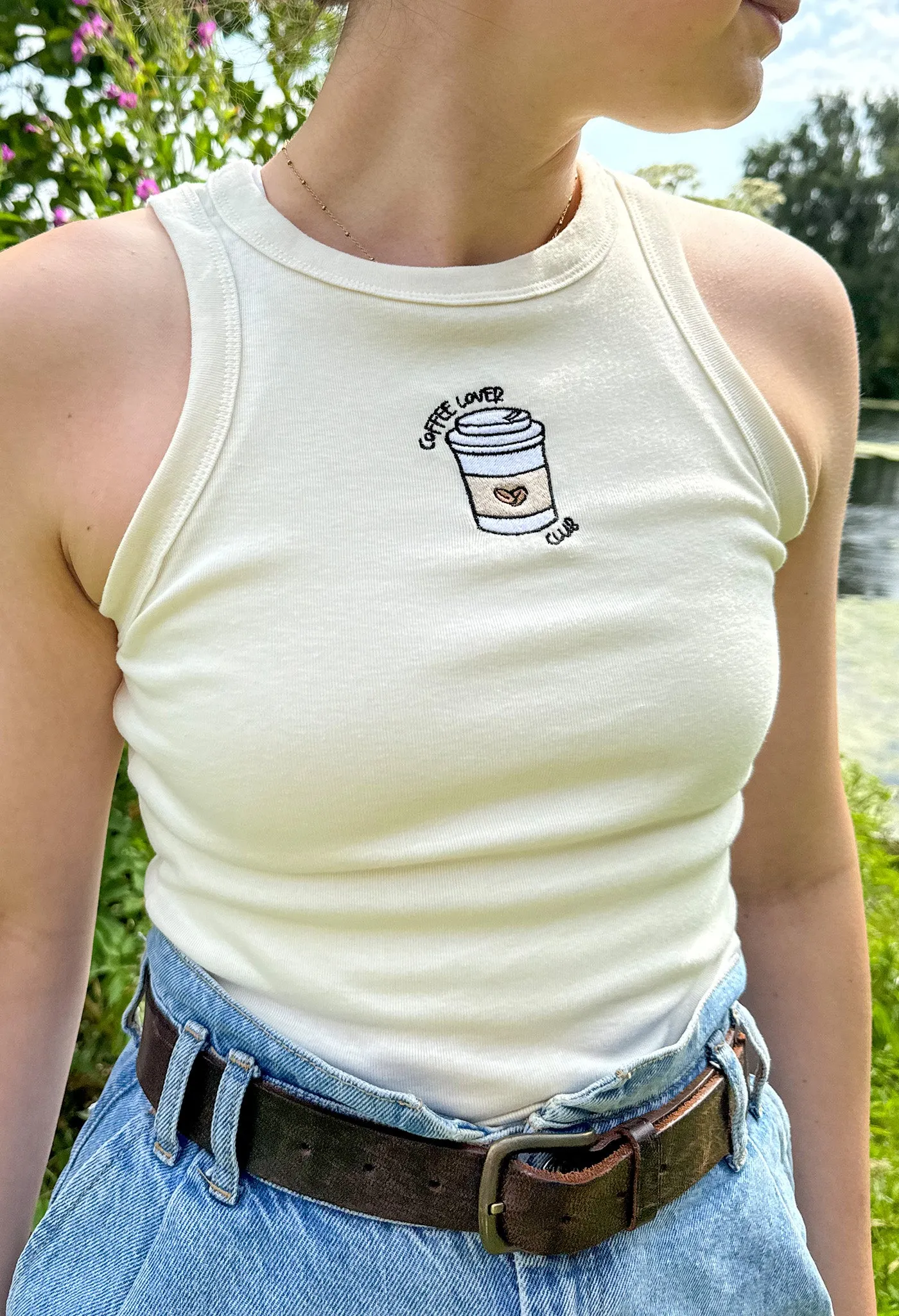 Coffee Lover Embroidered Micro Rib Racer Vest