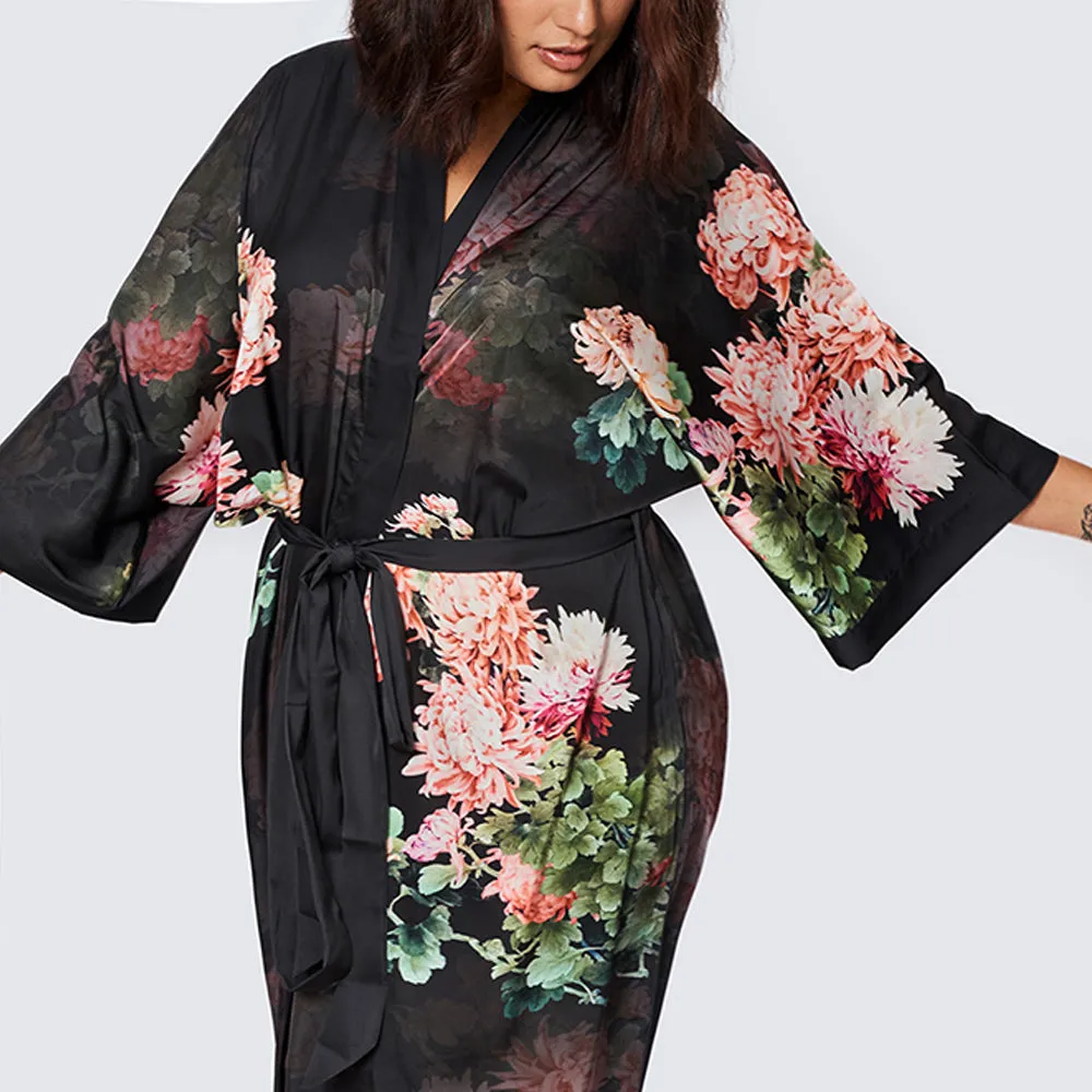 Coral Chrysanthemum Long Kimono Robe (Plus Size)