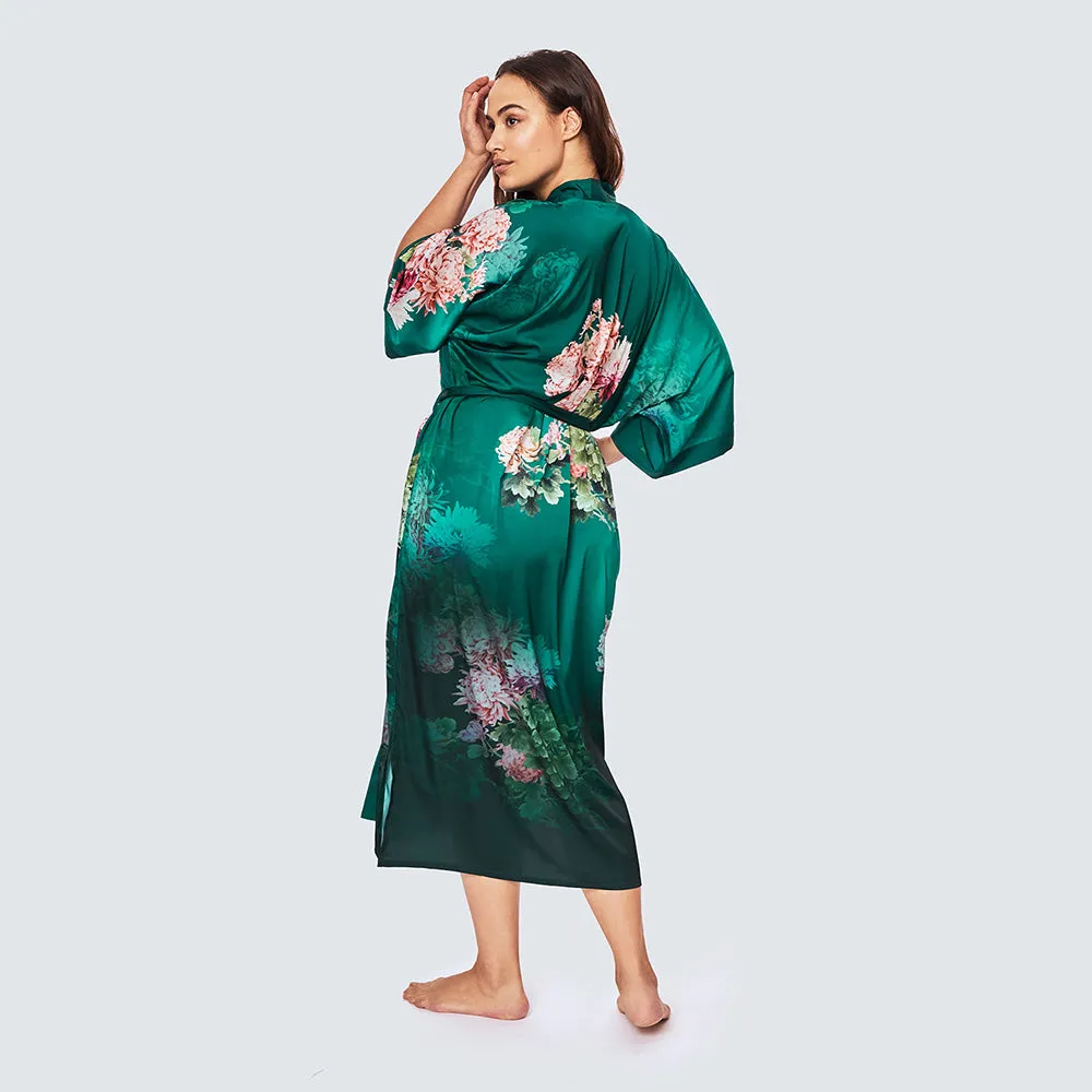 Coral Chrysanthemum Long Kimono Robe (Plus Size)