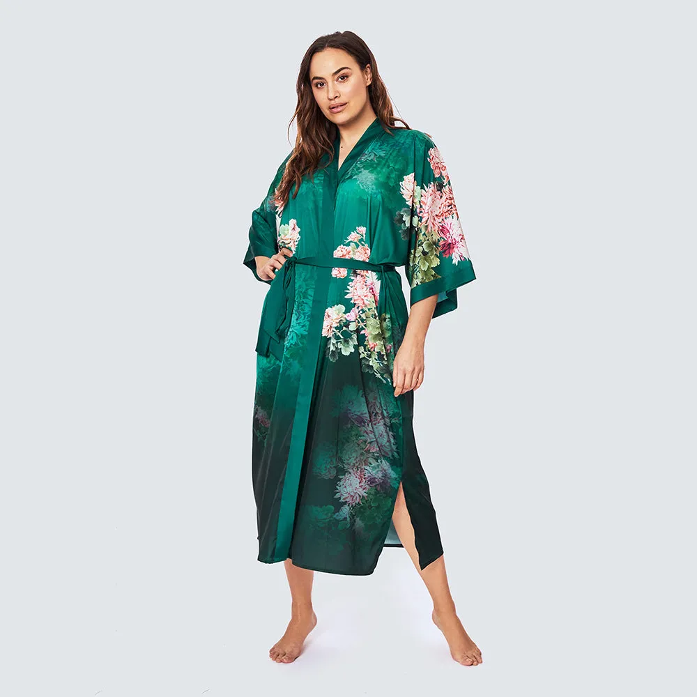 Coral Chrysanthemum Long Kimono Robe (Plus Size)