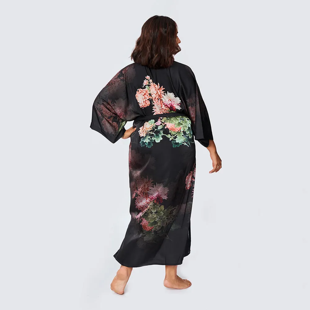 Coral Chrysanthemum Long Kimono Robe (Plus Size)