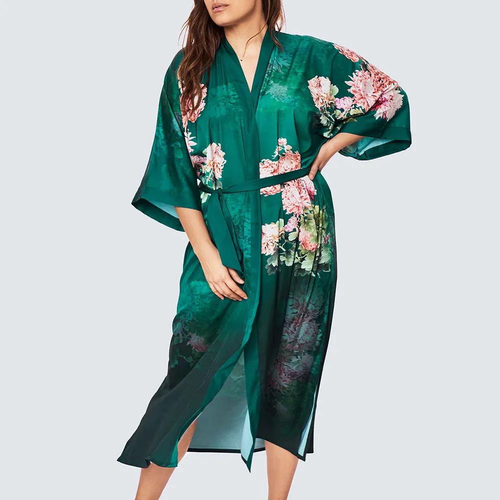 Coral Chrysanthemum Long Kimono Robe (Plus Size)