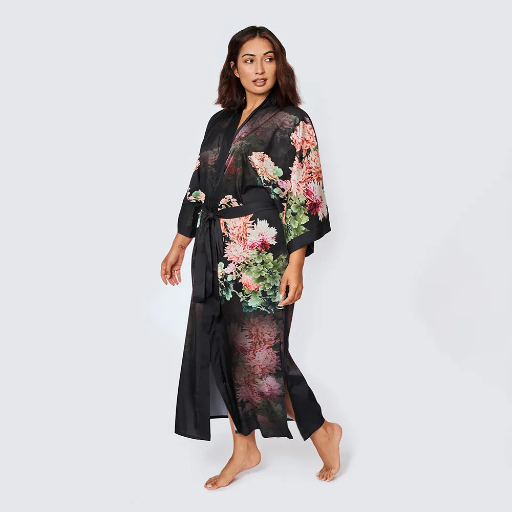 Coral Chrysanthemum Long Kimono Robe (Plus Size)