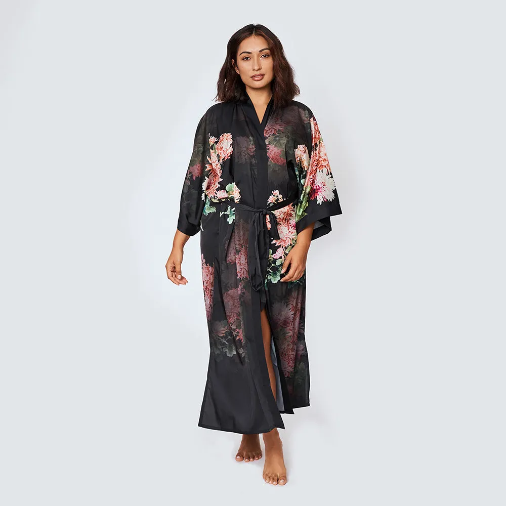 Coral Chrysanthemum Long Kimono Robe (Plus Size)