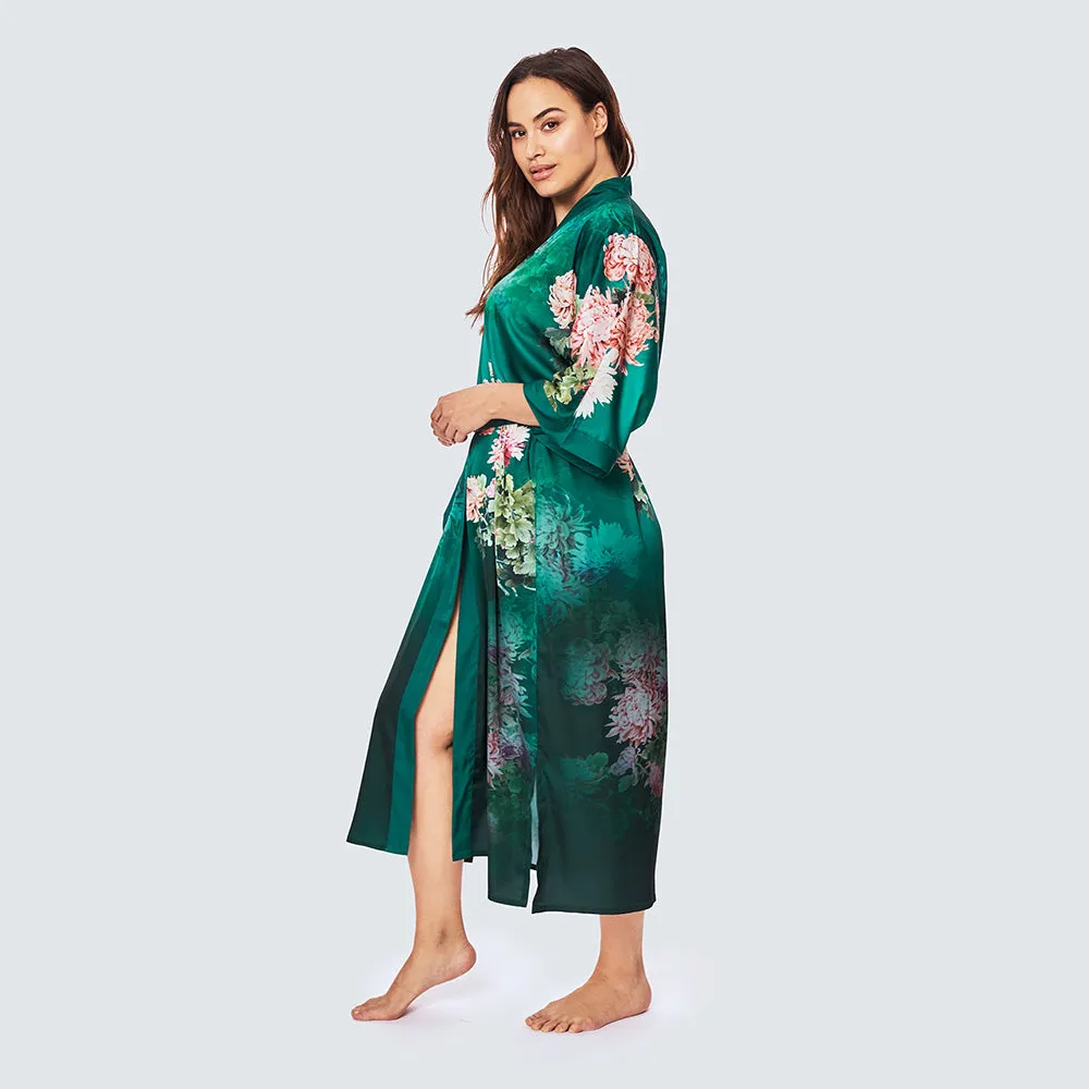 Coral Chrysanthemum Long Kimono Robe (Plus Size)