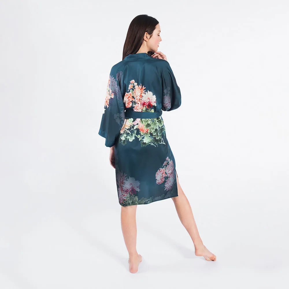 Coral Chrysanthemum Short Kimono Robe