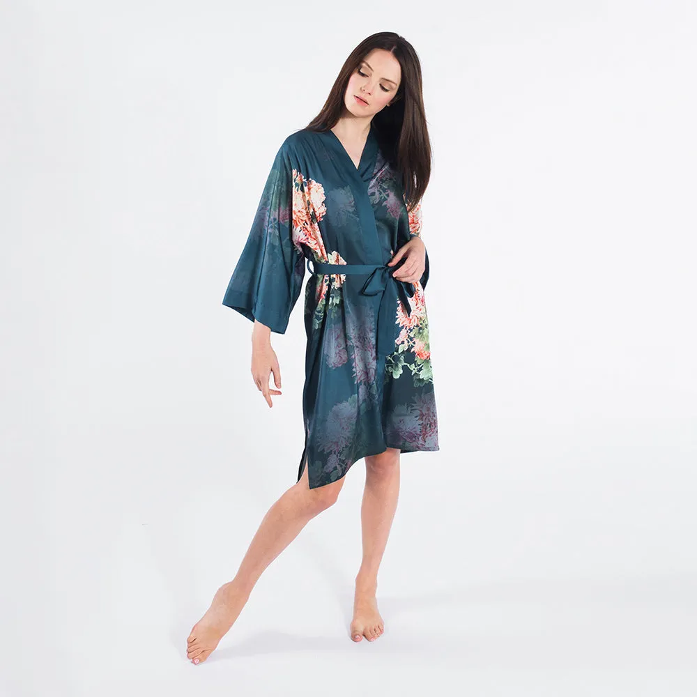 Coral Chrysanthemum Short Kimono Robe