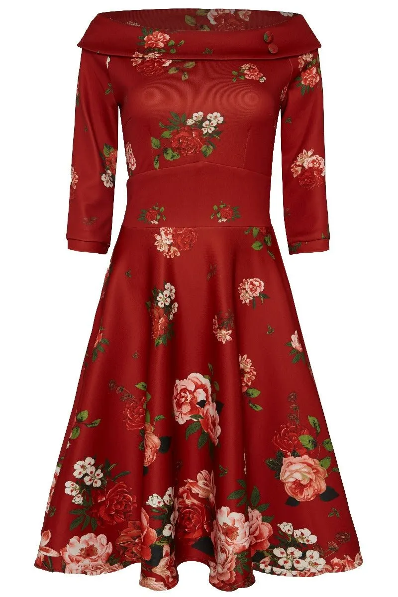 Deborah Flattering Long Sleeves Swing Dress Red & Raising Roses