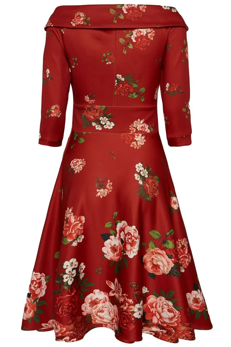 Deborah Flattering Long Sleeves Swing Dress Red & Raising Roses