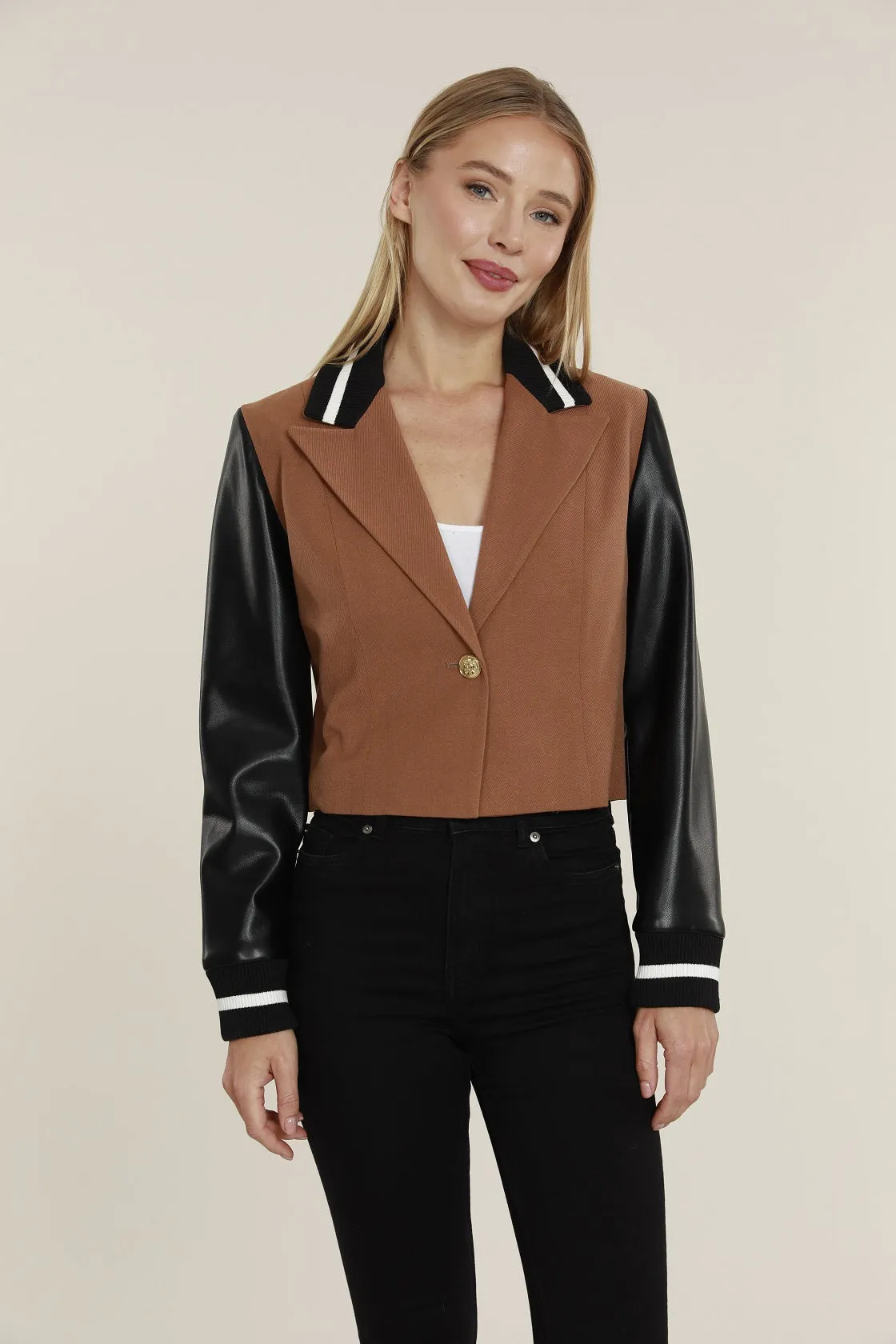 Faux Leather Sleeve Blazer with Racing Stripe Detail