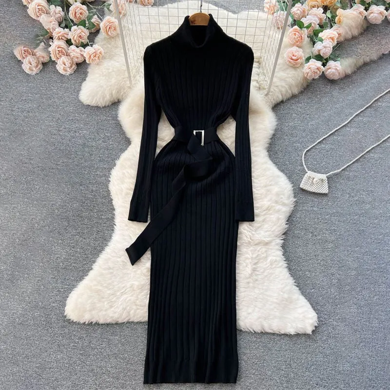 Figure-Flattering Long Sleeve Knitted Turtleneck Bodycon Sweater Dress with Belt