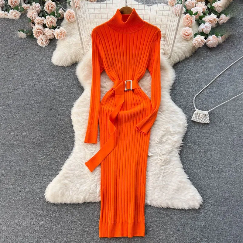 Figure-Flattering Long Sleeve Knitted Turtleneck Bodycon Sweater Dress with Belt