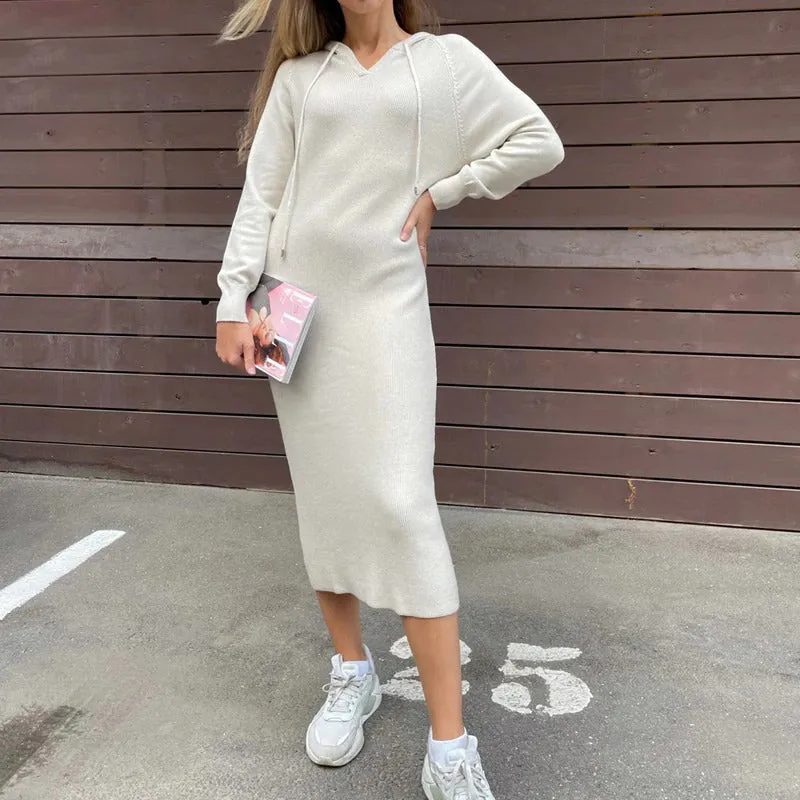 Flattering Hooded Knitted Long Sleeve Pullover Midi Dresses