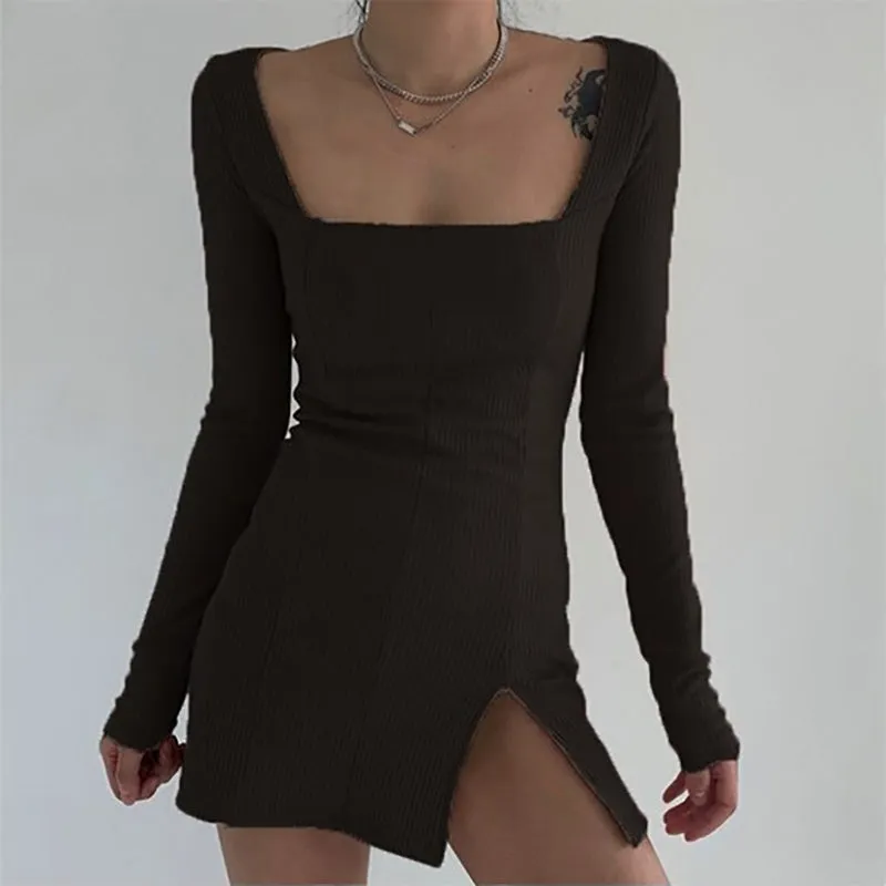 Flattering Knitted Long Sleeve Ruffles Bodycon Dresses