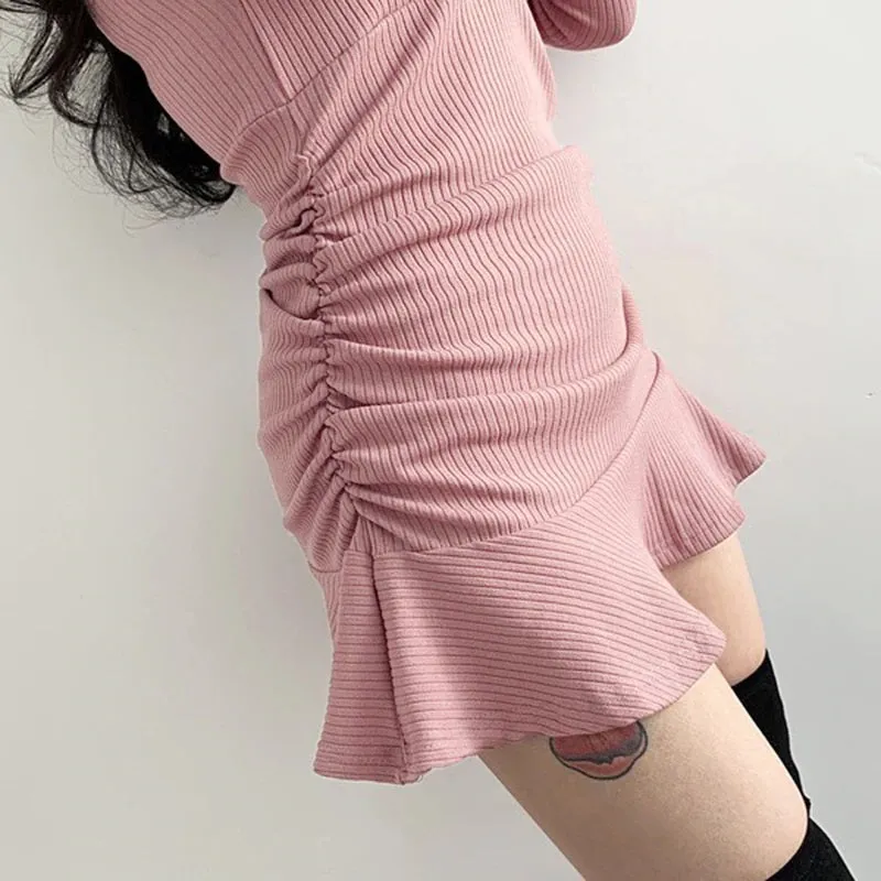 Flattering Knitted Long Sleeve Ruffles Bodycon Dresses