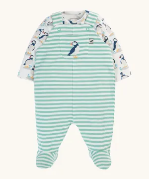 Frugi Footed Dungaree Gift Set - Puffin Pals/Moss Stripe