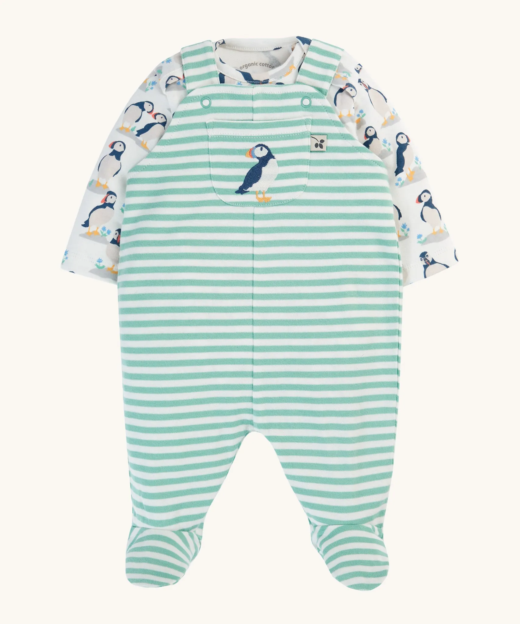 Frugi Footed Dungaree Gift Set - Puffin Pals/Moss Stripe