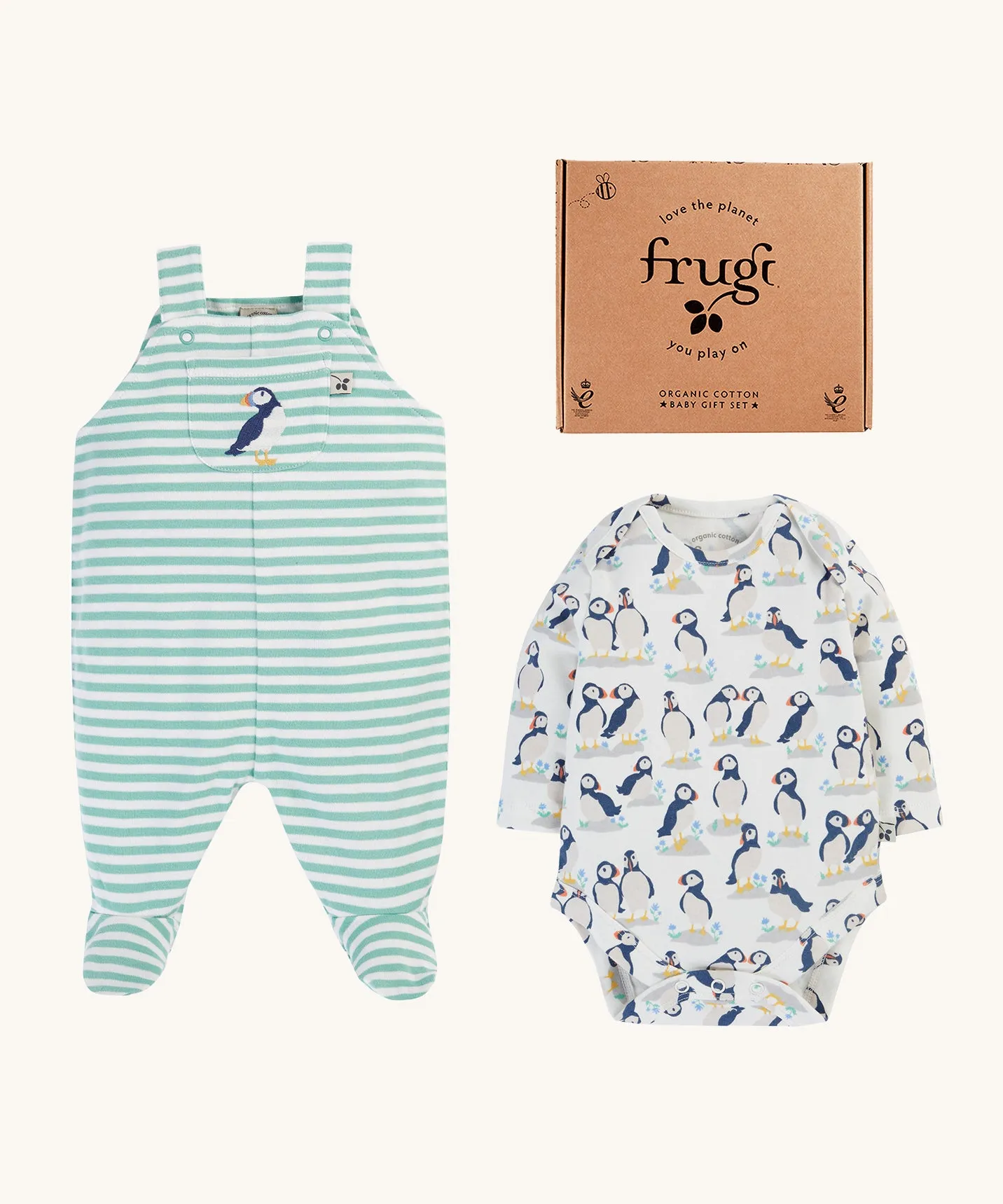 Frugi Footed Dungaree Gift Set - Puffin Pals/Moss Stripe